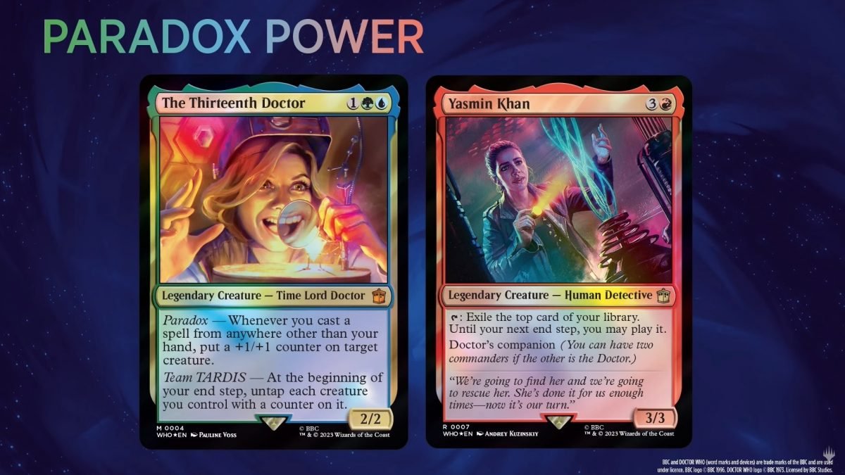 Thirteenth Doctor and Yasmin Khan cards from Doctor Who Magic: The Gathering.