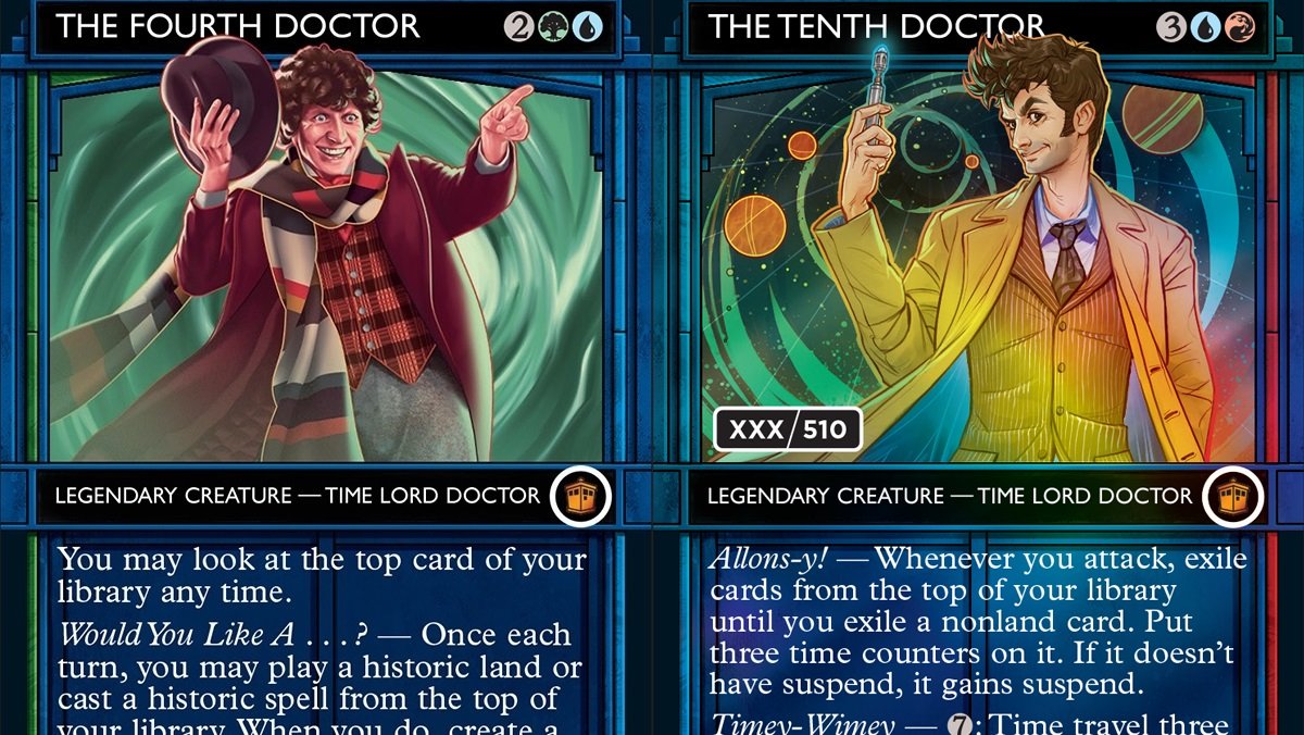 Two Doctor Who cards in the Magic: The Gathering series, the left with the Fourth Doctor, the right with the Tenth.