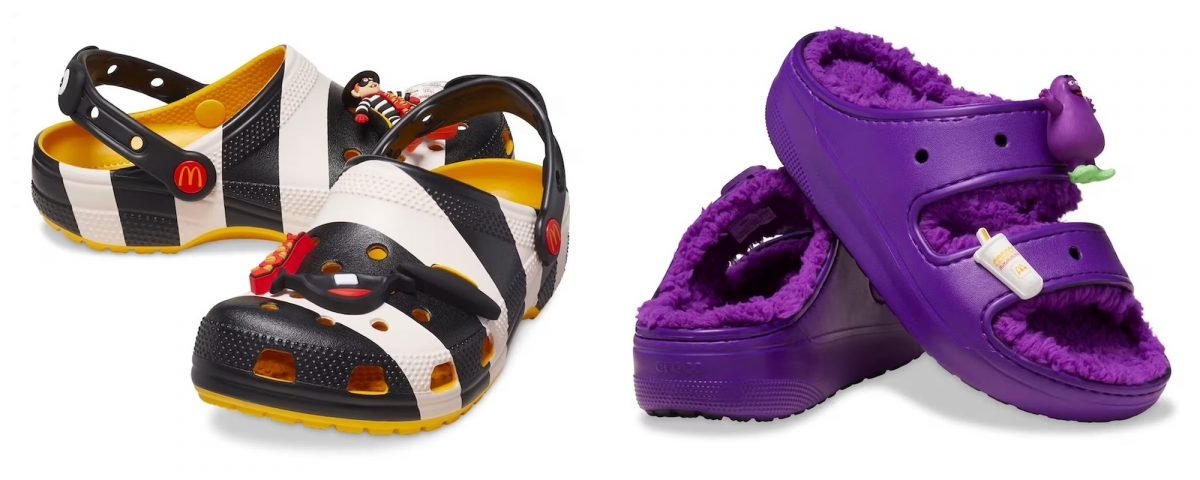 Black-and-white striped Hamburglar McDonald's Crocs and purple fuzzy lined Grimace Crocs